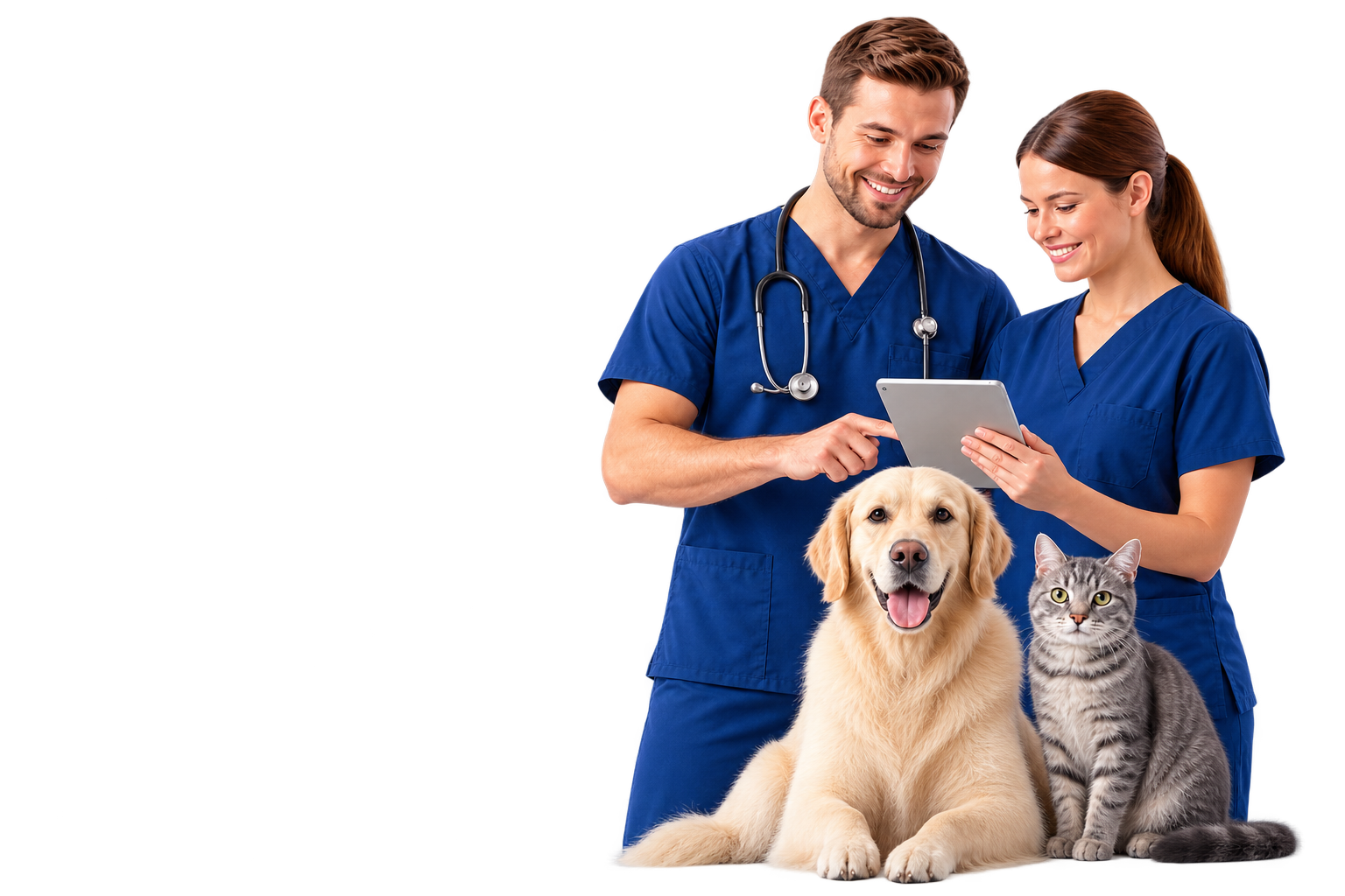 Tiermedizinisches Team mit Hund und Katze